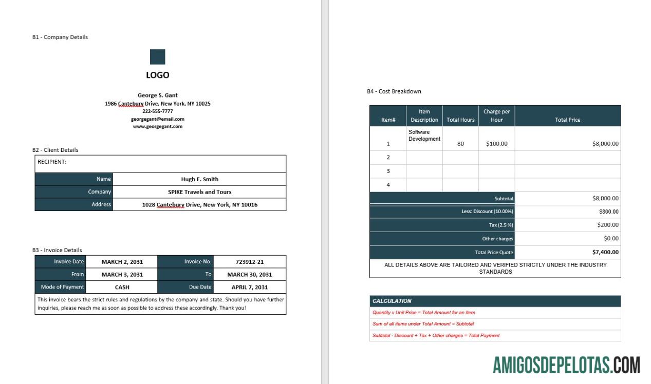 imprimível Exemplo de modelo de fatura freelance